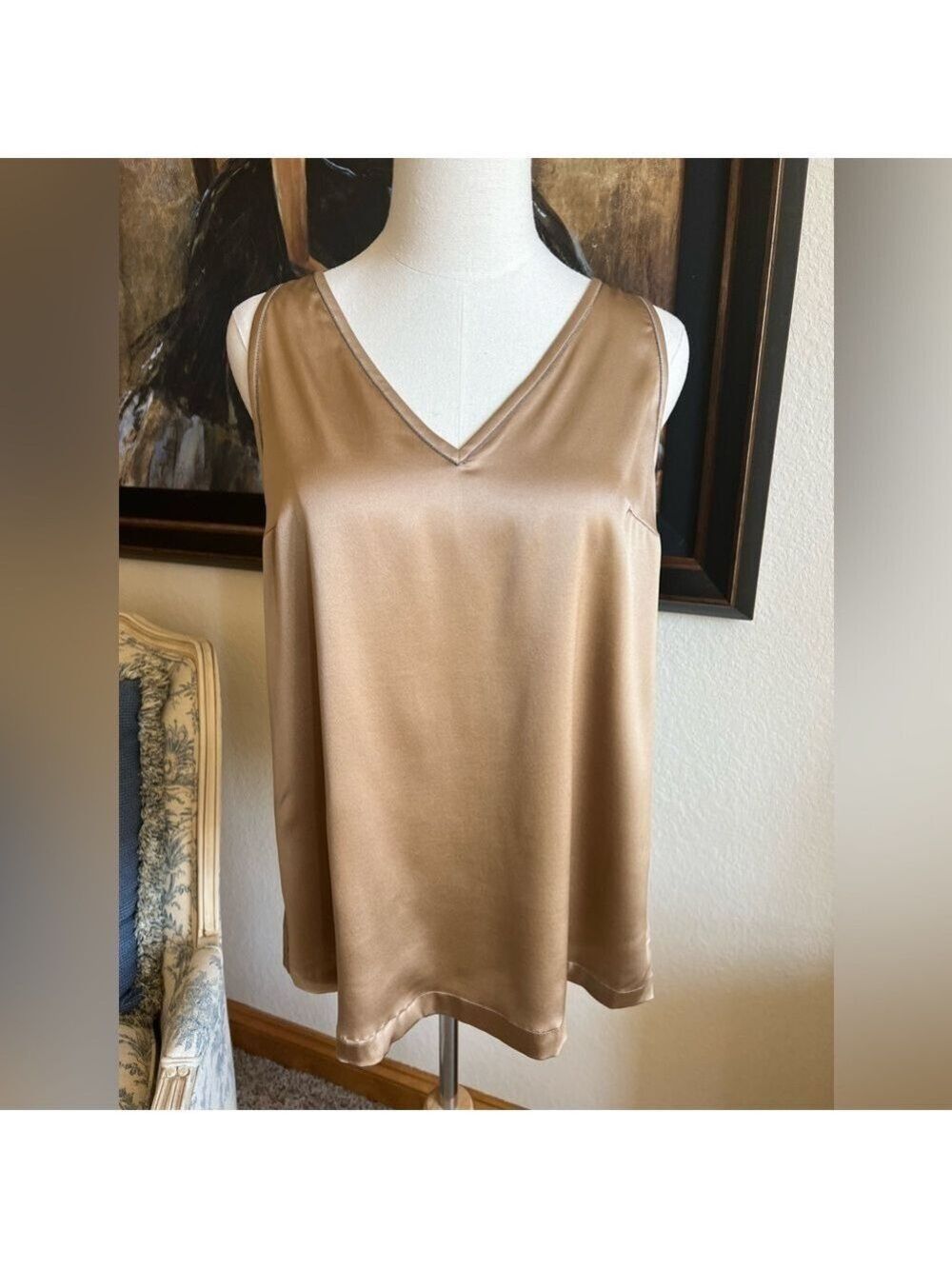 NWT Brunello Cucinelli Size L Gold 100% Silk Monilli Beaded Tank